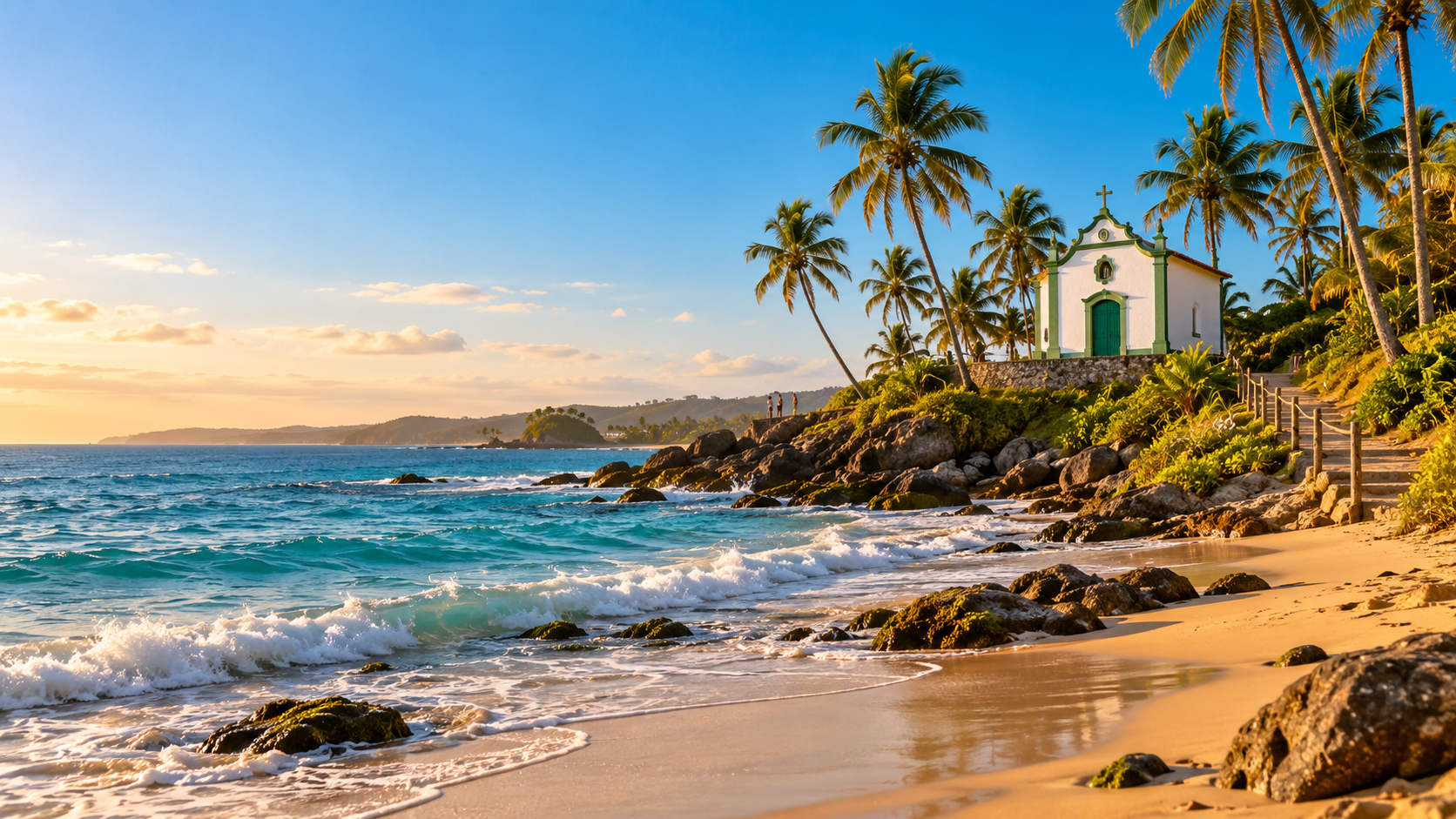 Plage brésilienne au soleil avec petite chapelle blanche et verte